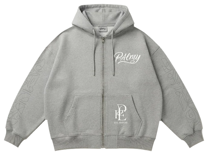 PALMY gray zip-up hoodie, front view