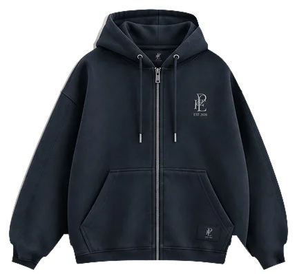 PALMY navy zip-up hoodie, front view